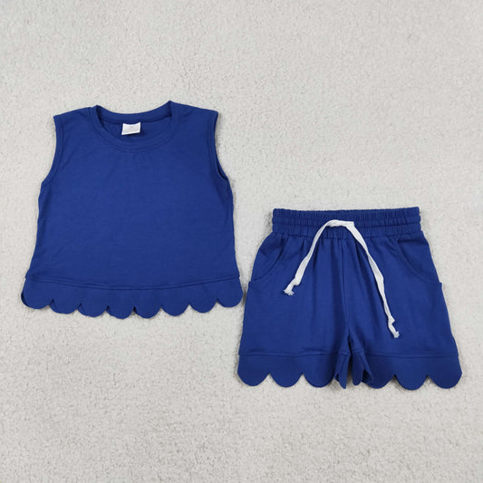 GSSO3732 RTS NO MOQ （In stock）Baby Girls Hot Blue Sleeveless Top Short Scallop Clothes Set