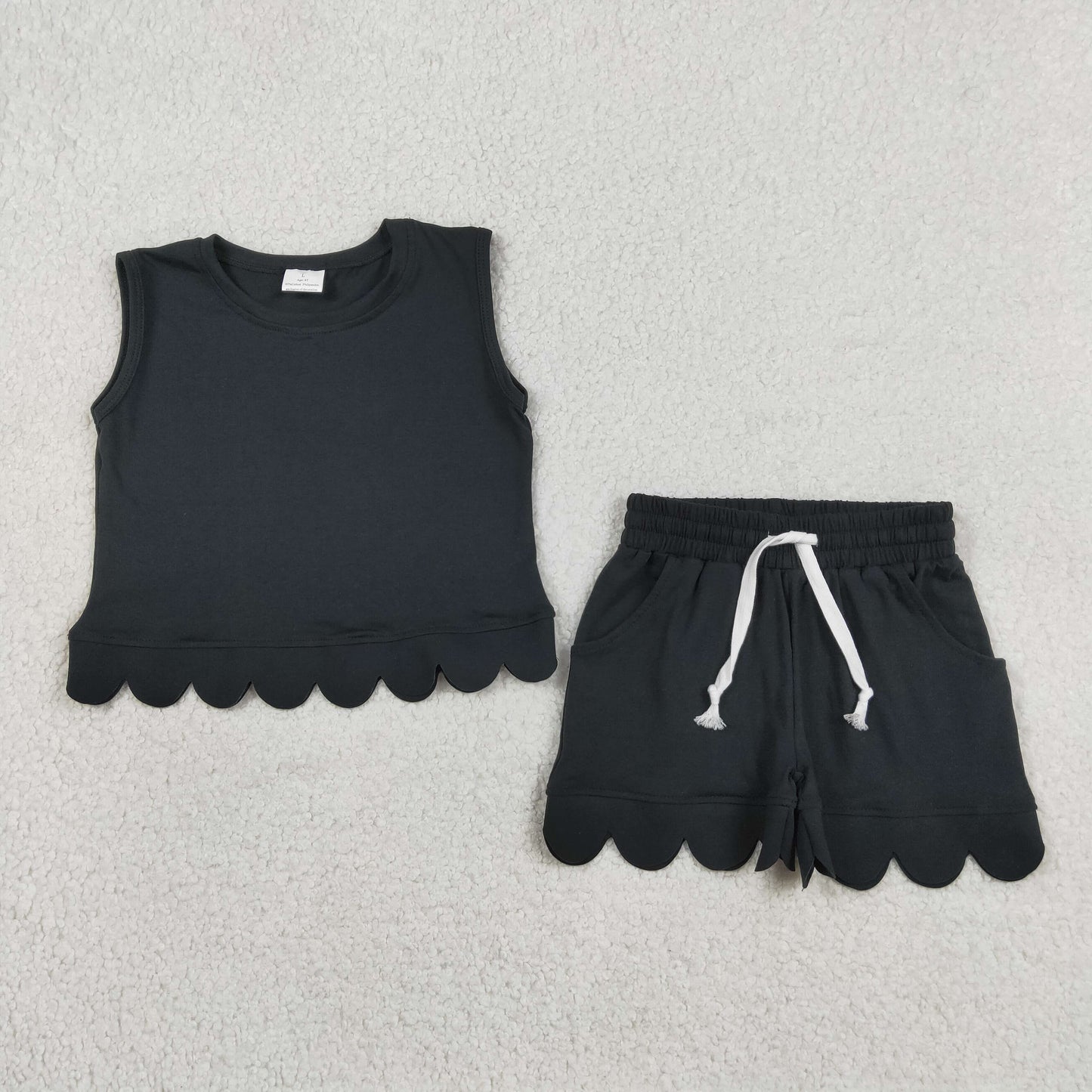 GSSO3733 RTS NO MOQ （In stock ）Sleeveless black scallop top shorts kids girls outfits