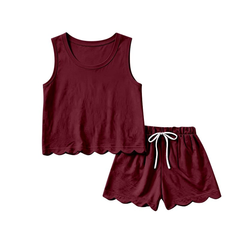 4.8 GSSO3734 Pre order No Moq Baby Girls Dark Red Sleeveless Top Short Scallop Clothes