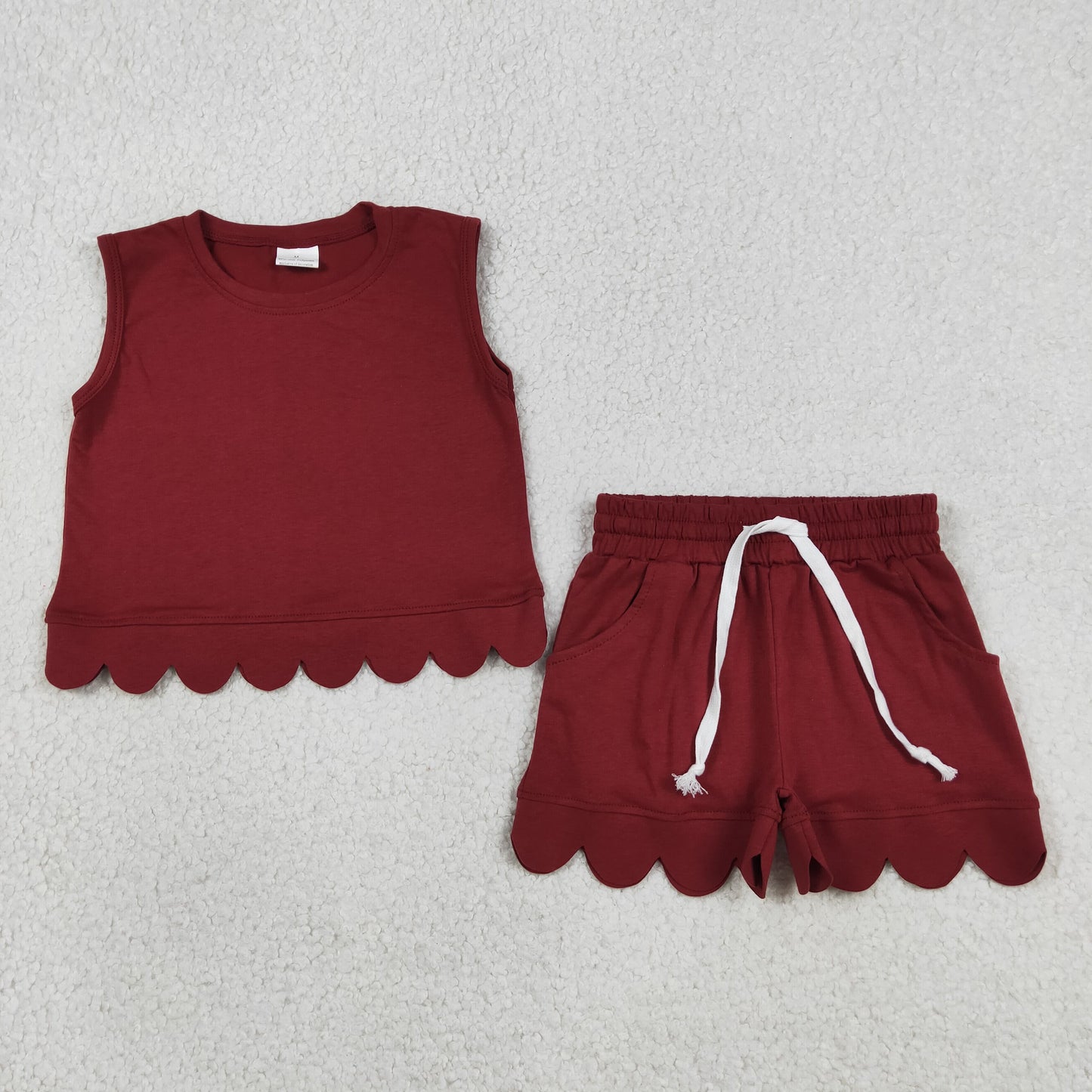 GSSO3734 RTS NO MOQ （In stock ）Sleeveless maroon scallop top shorts kids girls team outfits