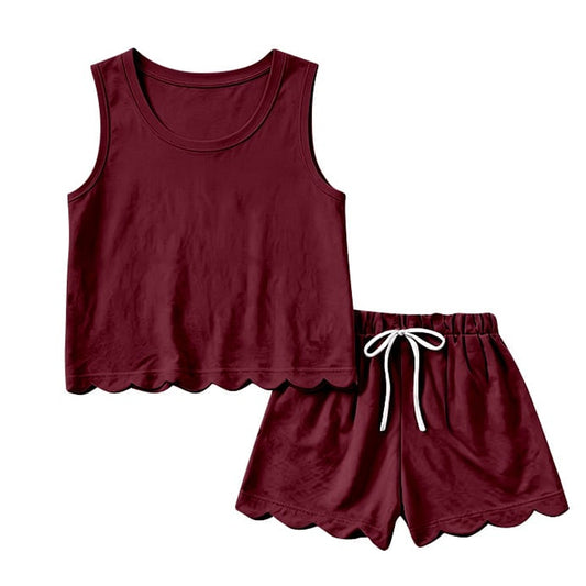 4.8 GSSO3735 Pre order No Moq Adult Women Dark Red Sleeveless Top Short Scallop Clothes Sets