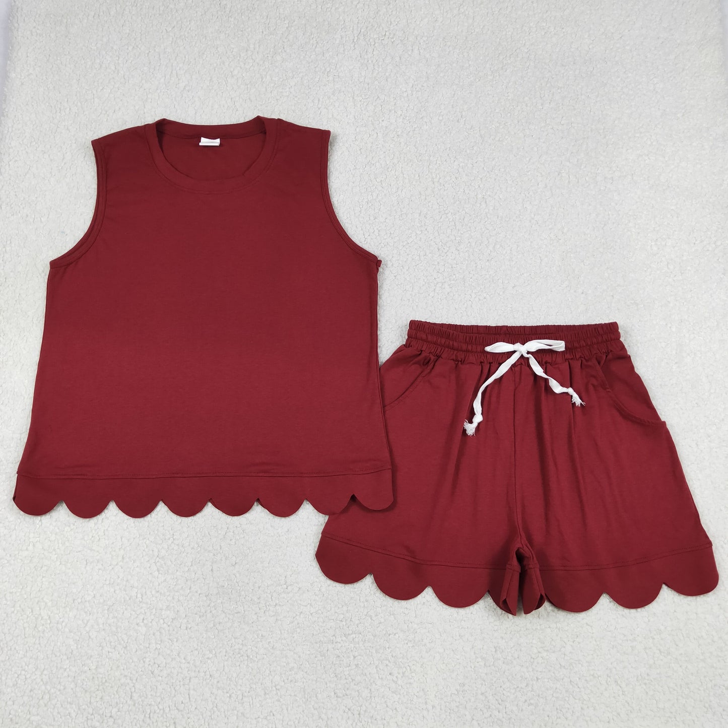 GSSO3735 RTS NO MOQ （In stock）Maroon sleeveless cotton scallop top shorts women set