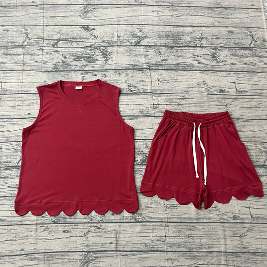 4.14 GSSO3735 Sample No Moq Adult Women Dark Red Sleeveless Top Short Scallop Clothes Sets