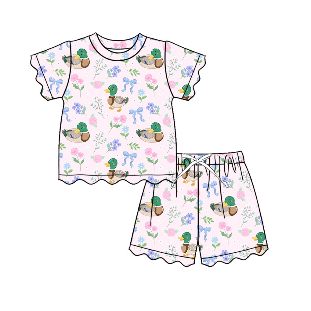 4.9 Pre order No Moq Baby Girls Ducks Flowers Bows Top Short Scallop Clothes Sets and  Yoga Active Short Knee Length Dress