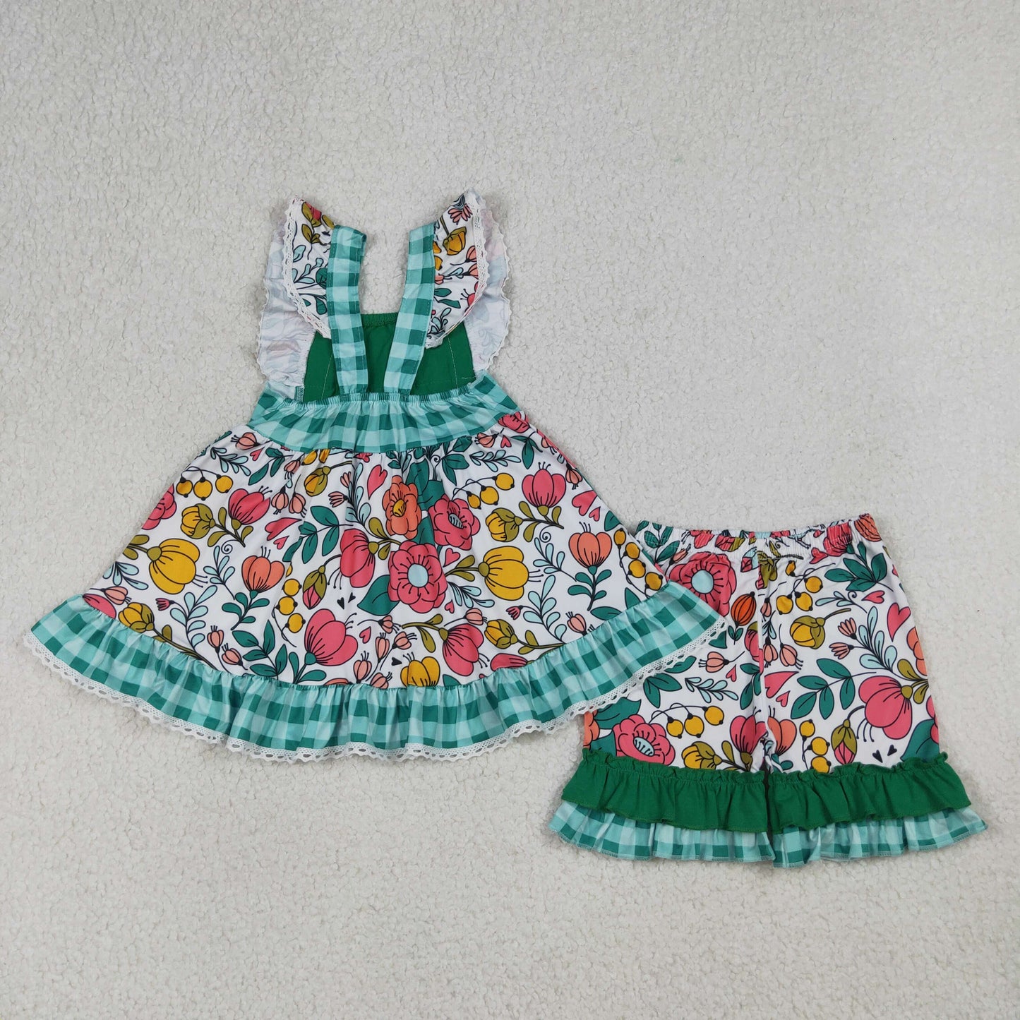 4.10 GSSO3738 RTS NO MOQ （In stock ）Baby Girls Flutter Sleeve Flowers Pockets Tunic Ruffle Shorts Clothes Set
