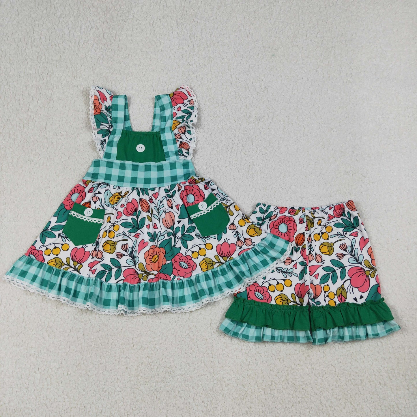 4.10 RTS Sibling Baby Girls Flutter Sleeve Flowers Pockets Tunic Ruffle Short Clothes Set