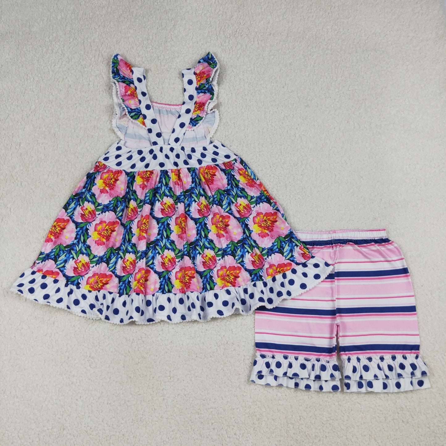 4.10 GSSO3739 RTS NO MOQ （In stock ）Baby Girls Flutter Sleeve Flowers Pockets Tunic Ruffle Short Clothes Set