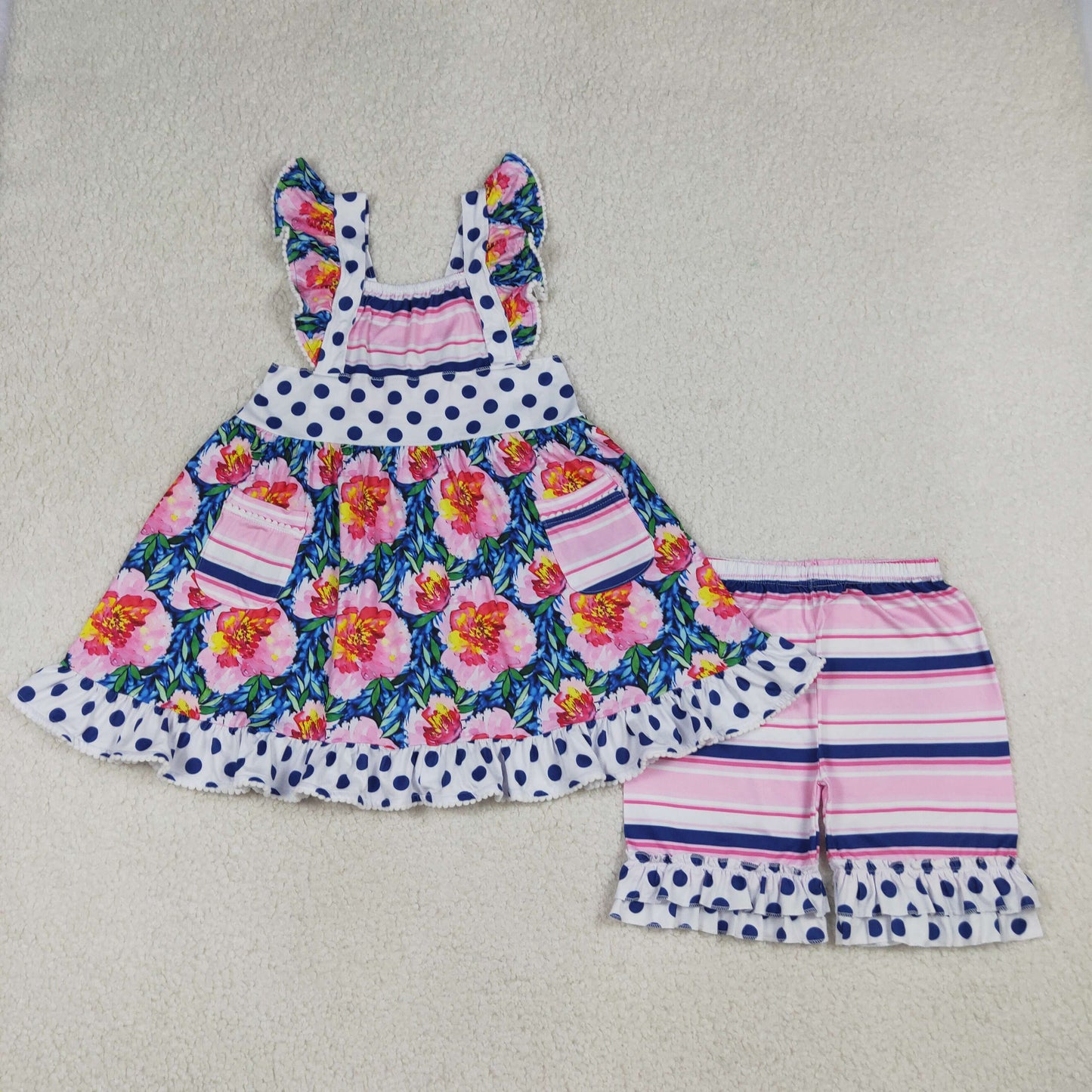 4.10 RTS Sibling Baby Girls Flutter Sleeve Flowers Pockets Tunic Ruffle Short Clothes Set