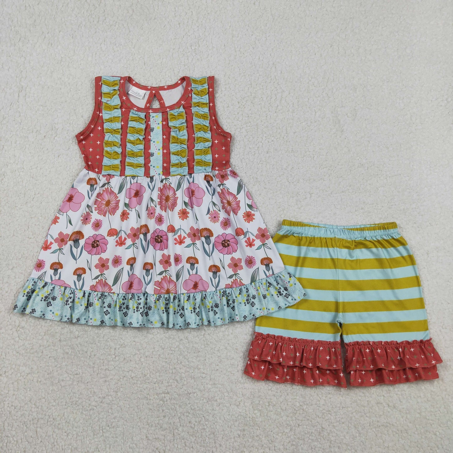 4.11 GSSO3740 RTS NO MOQ （In stock ）Baby Girls Sleeveless Flowers Tunic Stripe Ruffle Short Clothes Sets