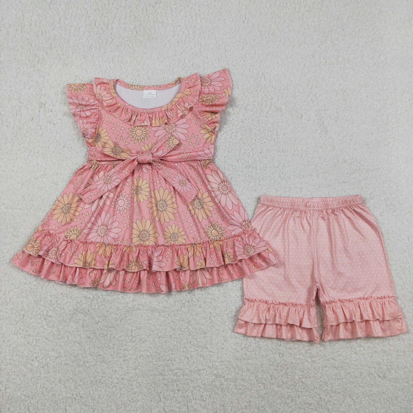 4.10 GSSO3741 RTS NO MOQ （In stock ）Baby Girls Flutter Sleeve Daisy Flowers Belt Tunic Ruffle Short Clothes Set