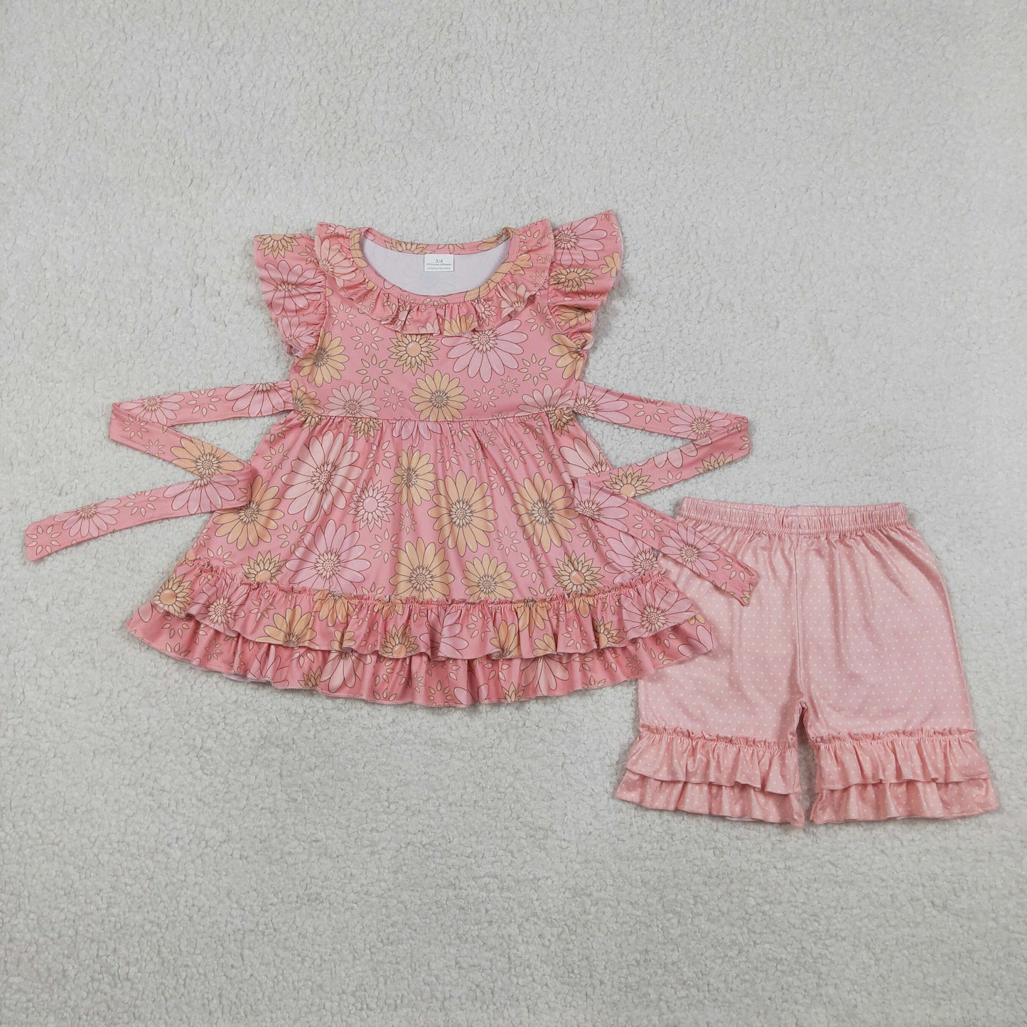 4.10 GSSO3741 RTS NO MOQ （In stock ）Baby Girls Flutter Sleeve Daisy Flowers Belt Tunic Ruffle Short Clothes Set