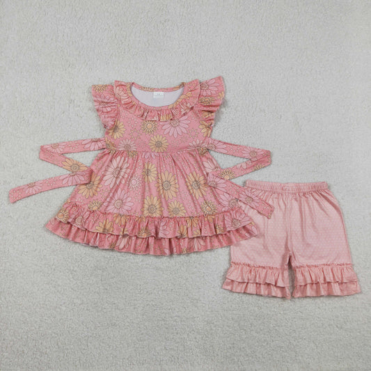 4.10 GSSO3741 RTS NO MOQ （In stock ）Baby Girls Flutter Sleeve Daisy Flowers Belt Tunic Ruffle Short Clothes Set