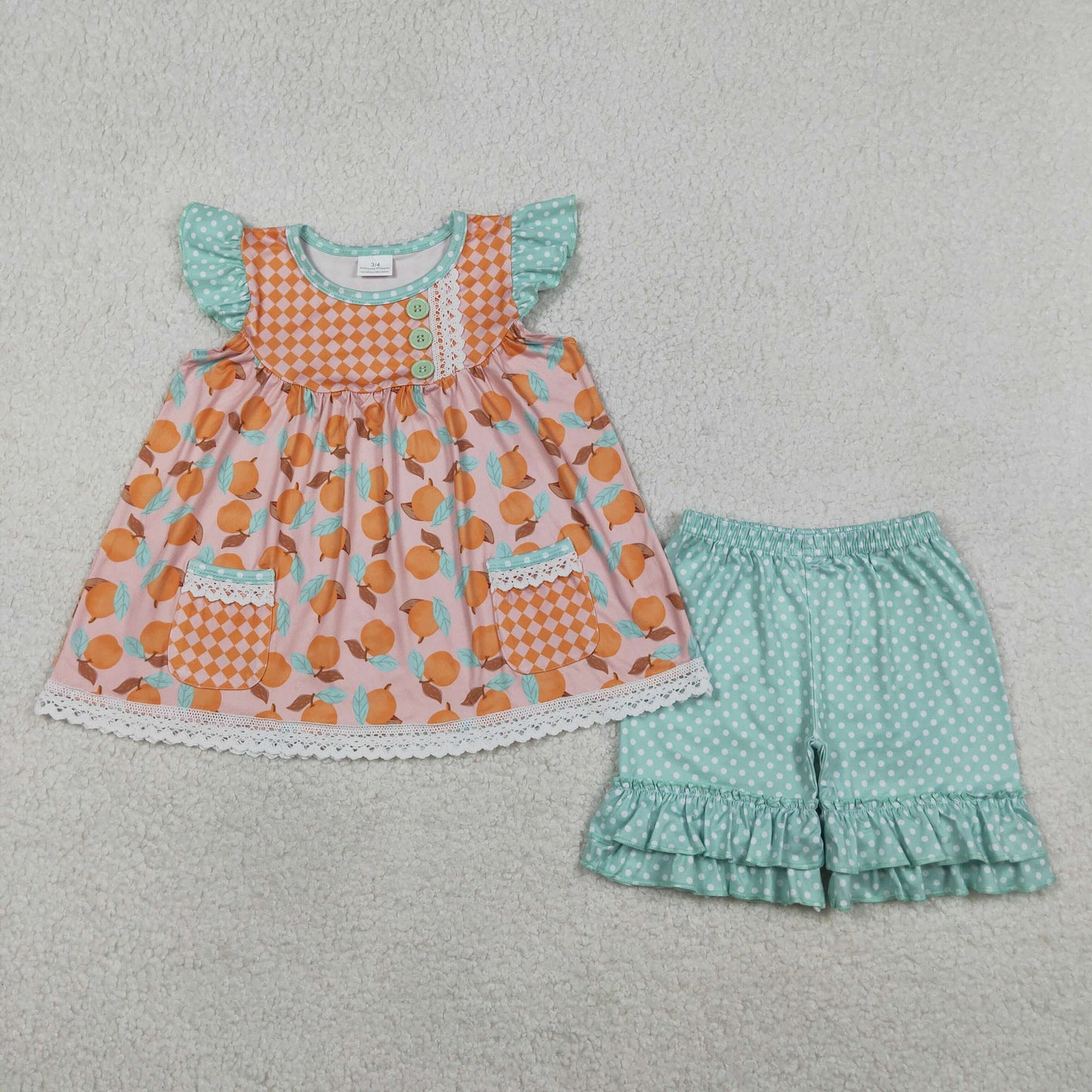 4.10 GSSO3742 RTS NO MOQ （In stock ）Baby Girls Flutter Sleeve Peaches Button Pockets Tunic Polka Dots Ruffle Short Clothes Set