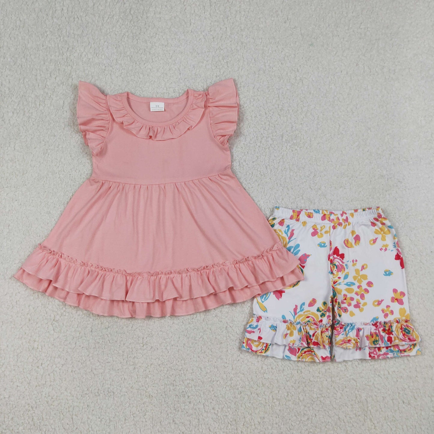 4.10 GSSO3743 RTS NO MOQ （In stock ）Baby Girls Pink Flutter Sleeve Tunic Flowers Ruffle Shorts Clothes Set