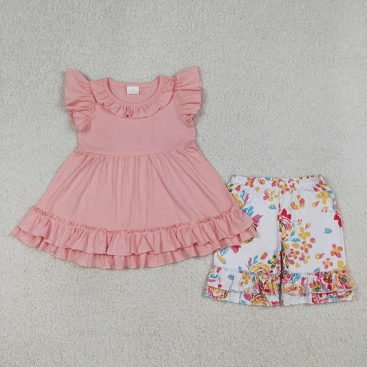 4.10 GSSO3743 RTS NO MOQ （In stock ）Baby Girls Pink Flutter Sleeve Tunic Flowers Ruffle Shorts Clothes Set