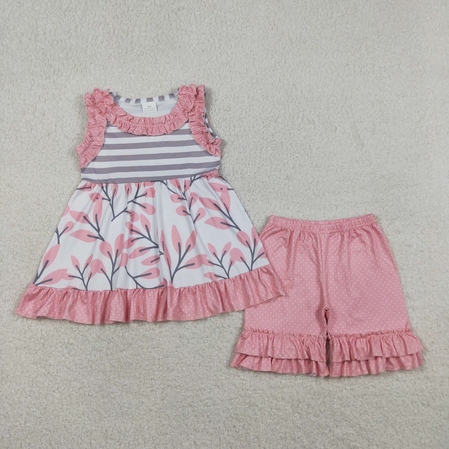 4.10 GSSO3745 RTS NO MOQ （In stock ）Baby Girls Sleeveless Flowers Stripe Tunic Polka Dots Ruffle Short Clothes Set
