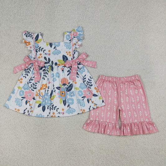 4.10 GSSO3746 RTS NO MOQ （In stock ）Baby Girls Flutter Sleeve Flowers Tunic Ruffle Shorts Clothes Sets