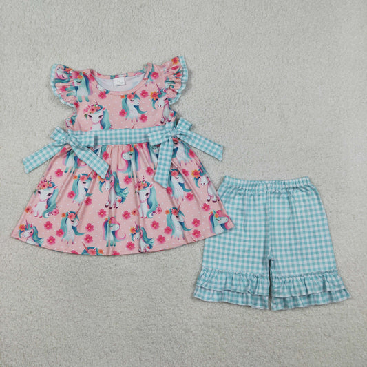 4.10 GSSO3747 RTS NO MOQ （In stock ）Baby Girls Flutter Sleeve Flowers Horses Tunic Checked Ruffle Shorts Clothes Set
