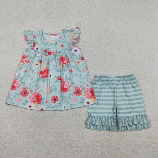 4.10 GSSO3748 RTS NO MOQ （In stock ）Baby Girls Flutter Sleeve Flowers Tunic Stripe Ruffle Short Clothes Set