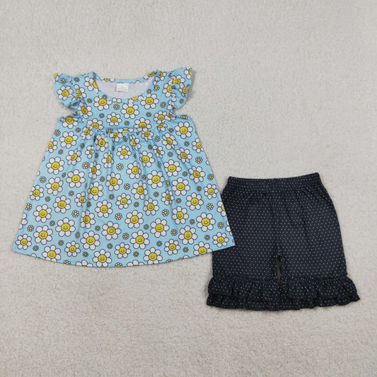 4.10 GSSO3749 RTS NO MOQ （In stock ）Baby Girls Flutter Sleeve Smile Flowers Tunic Polka Dots Ruffle Short Clothes Set