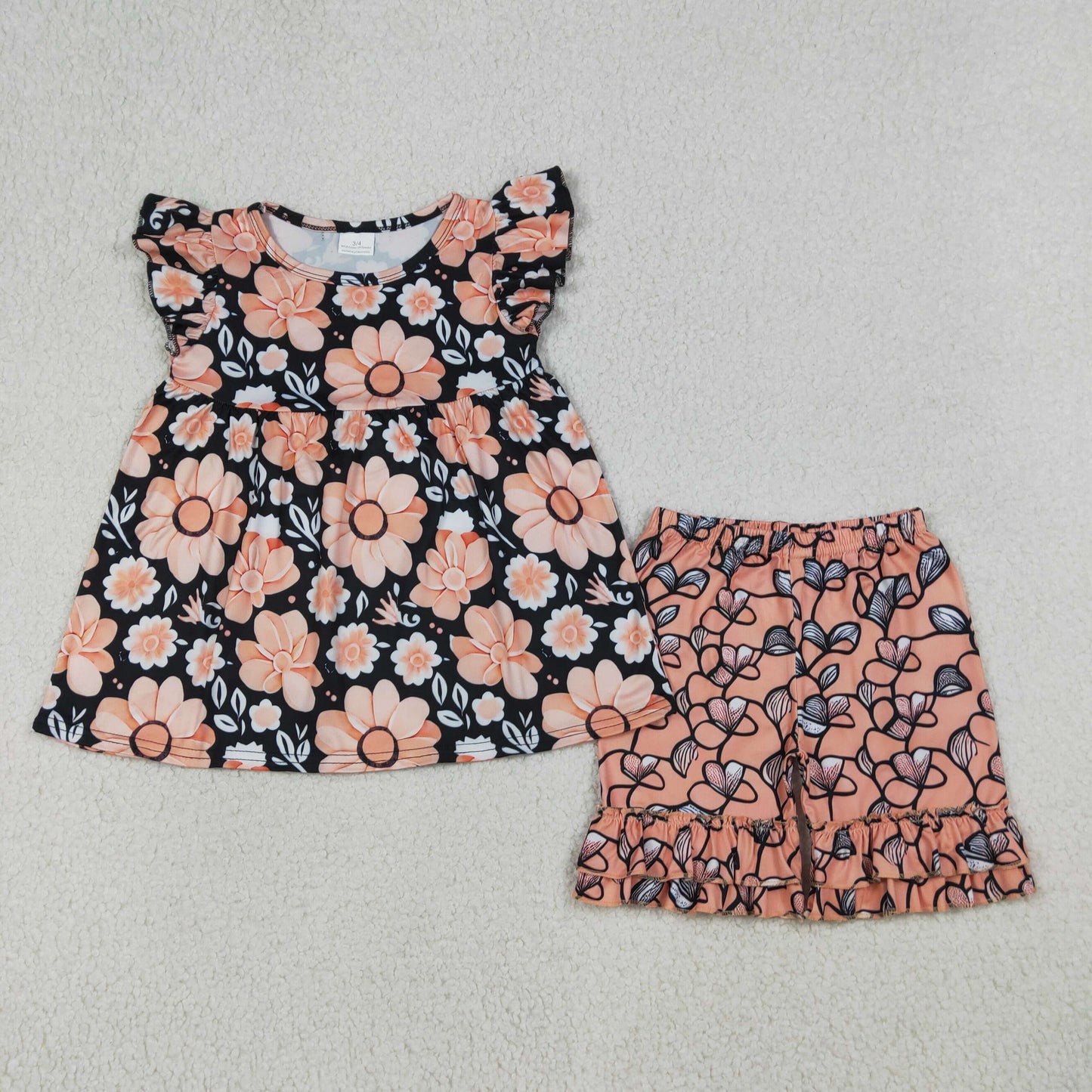 4.10 GSSO3750 RTS NO MOQ （In stock ）Baby Girls Flutter Sleeve Flowers Plaid Tunic Ruffle Short Clothes Set