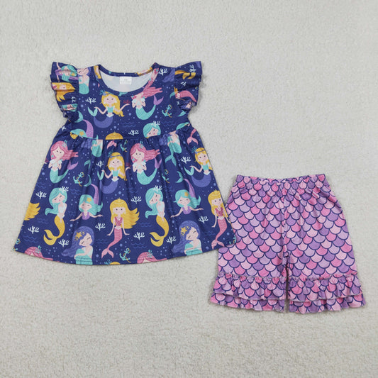 4.10 GSSO3751 RTS NO MOQ （In stock ）Baby Girls Purple Flutter Sleeve Tunic Ruffle Shorts Clothes Set