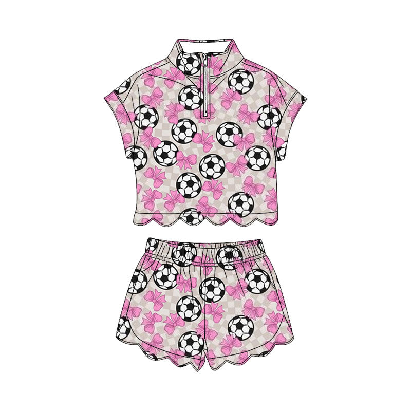 4.11 Pre order No Moq Baby Girls Footballs Bows Team Yoga Active Scallop Short Knee Length Dress and Clothes Set