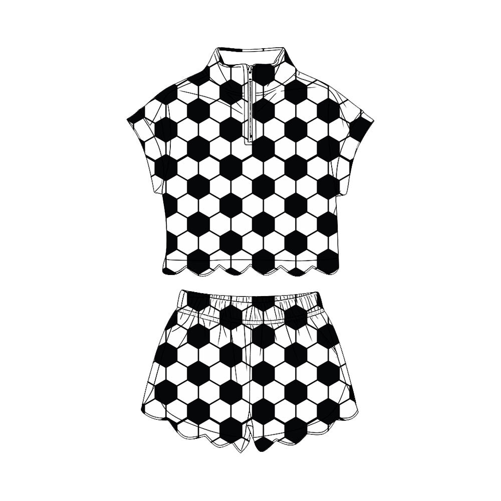 4.11 Pre order No Moq Baby Girls Footballs Checked Team Yoga Active Scallop Short Knee Length Dress and Clothes Set