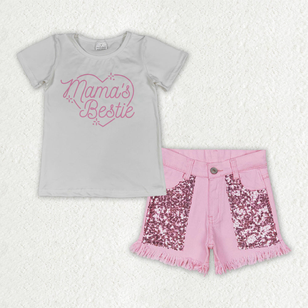 4.14 GSSO3756(GT1565+SS0230) RTS NO MOQ （In stock ）Mama's bestie heart top sequin denim shorts girls clothes