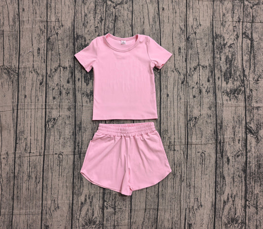 5.19 GSSO3761（GT1630+SS0897）Sample No Moq Short sleeves pink top shorts kids girls yoga active set