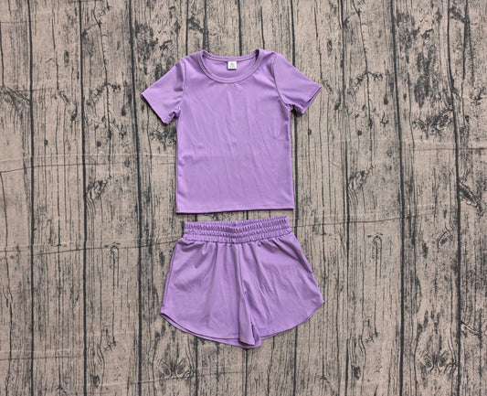 5.19 GSSO3769（GT1638+SS0905）Sample No Moq Short sleeves purple top shorts kids girls yoga active set