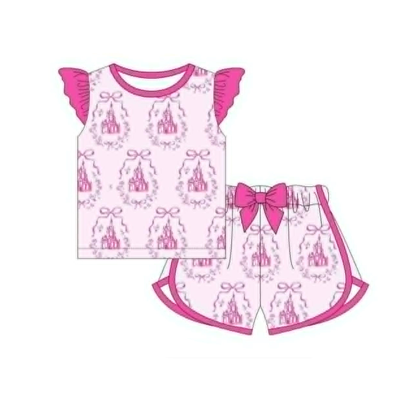4.16 Pre order No Moq Baby Girls Flutter Sleeve Pink Bows Castles Top Short Clothes Sets