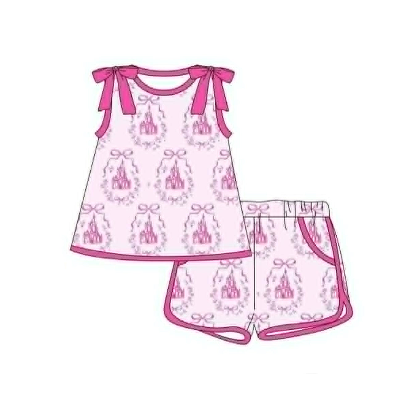 4.16 Pre order No Moq Baby Girls Flutter Sleeve Pink Bows Castles Top Short Clothes Sets