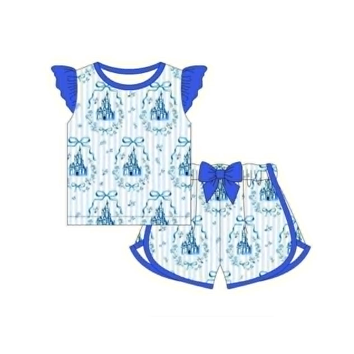 4.16 Pre order No Moq Baby Girls Flutter Sleeve Pink Bows Castles Top Short Clothes Sets