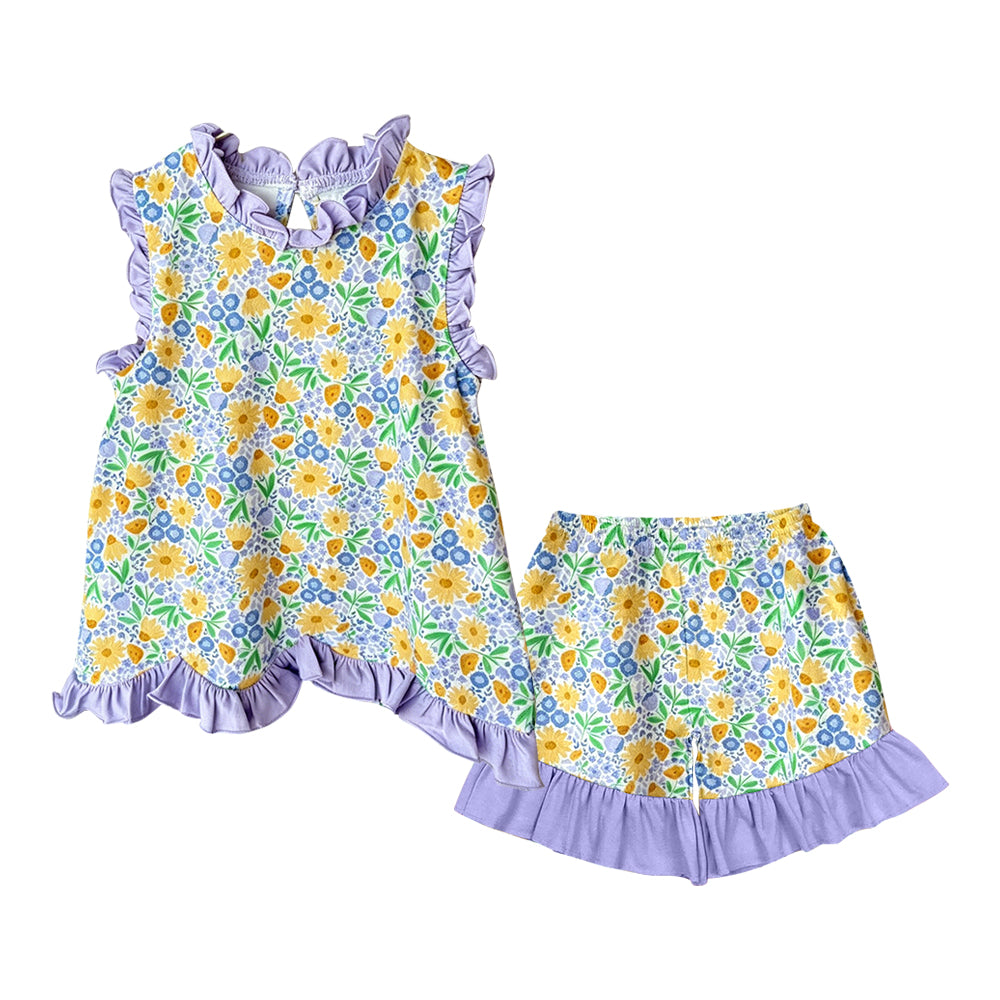 4.18 GSSO3777 Pre order No Moq Baby Girls Sleeveless Colorful Flowers Tunic Ruffle Short Clothes Sets