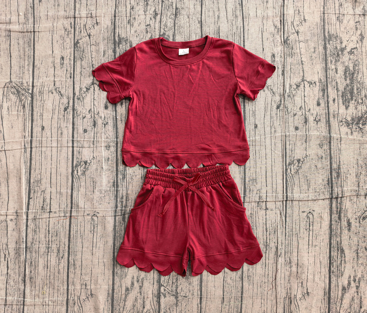 6.2 GSSO3778 Sample No Moq Baby Girls Maroon Short Sleeve Cotton Top Scallop Hem Shorts Two Piece Cas