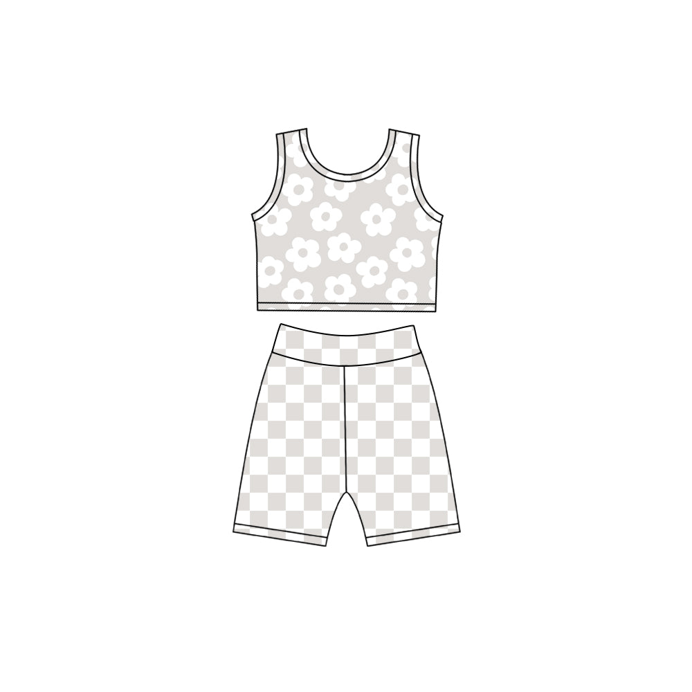 4.23 Pre order No Moq Baby Girls 3 Piece Floral Hoodie Sleeveless Top Checkered Shorts Yoga Set