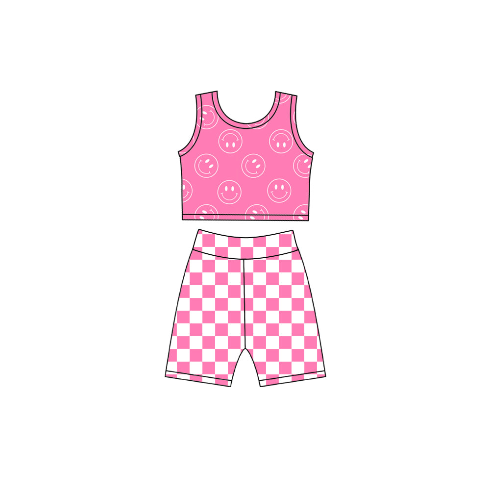 4.23 Pre order No Moq Baby Girls 3 Piece Pink Hoodie Sleeveless Top Checkered Shorts Yoga Set