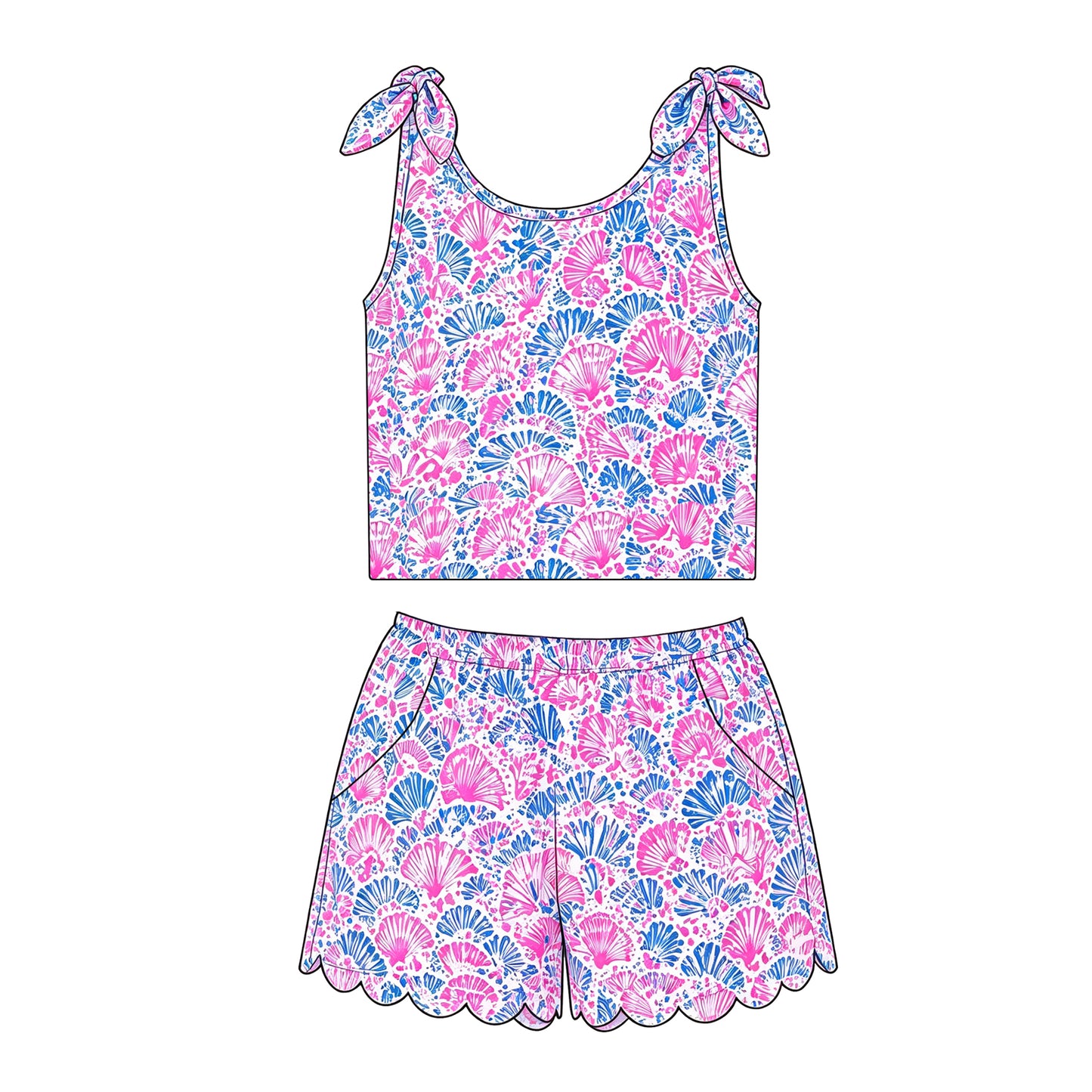 4.29 GSSO3788 Pre order No Moq Baby Girls Summer Sleeveless Sea Plant Scallop Pocket Short Sets