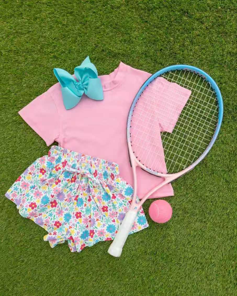 5.5 GSD4180 Pre order No Moq Baby Girls Pink Sleeveless Shirt Top Colorful Flowers Skirt Short Clothes Set
