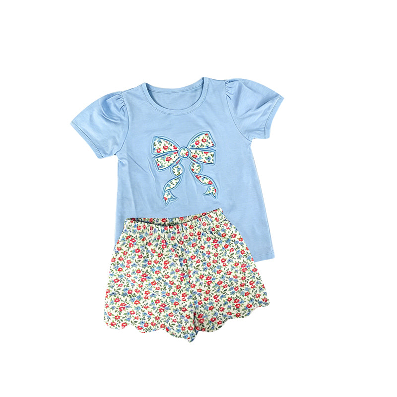 5.6 Pre order No Moq Baby Girls Floral Bow Print Short Sleeve Top And Scallop Shorts Set