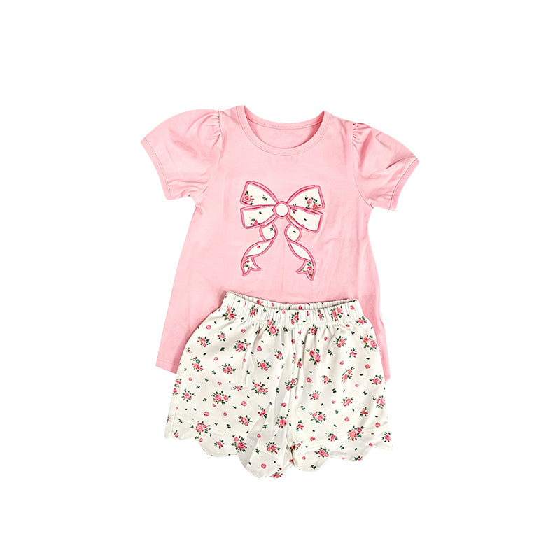 5.6 Pre order No Moq Baby Girls Floral Bow Print Short Sleeve Top And Scallop Shorts Set