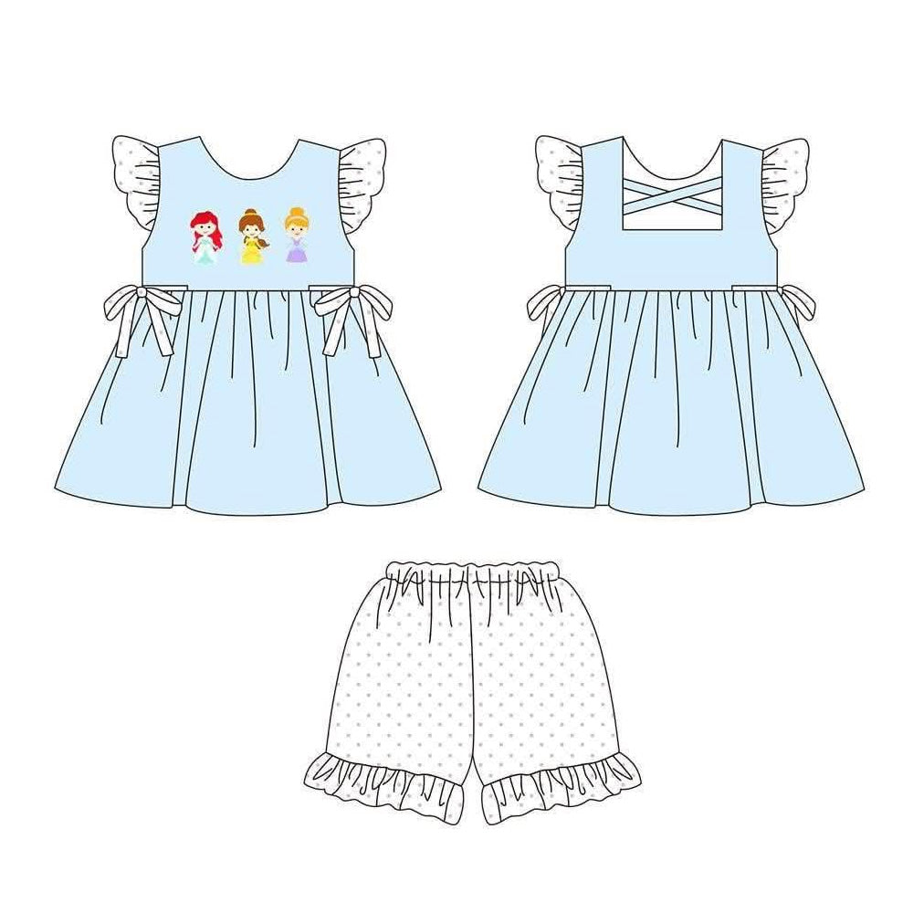5.8 Pre order No Moq Cute Clothes Baby Girls Blue Ruffle Flutter Sleeve Top Shorts Set Matching Romper Dress