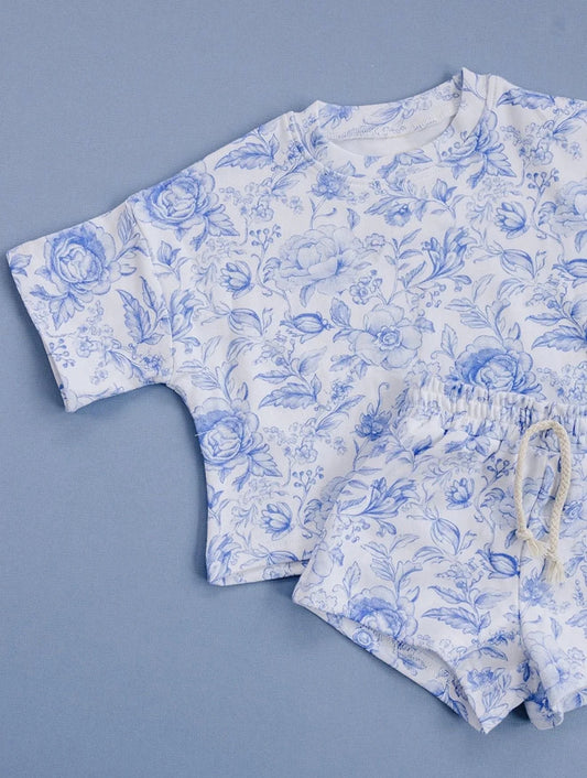 5.11 GSSO3809 Pre order No Moq Baby Girls Short Sleeve Blue Flowers Top Pockets Short Slouchy Clothes Set