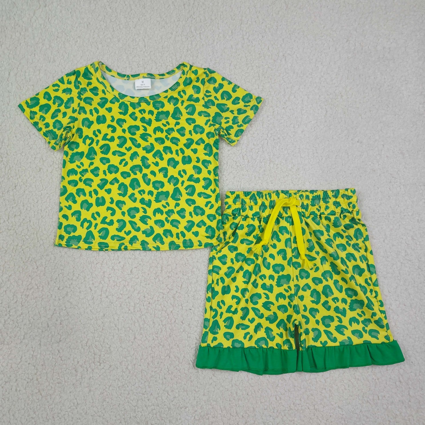 GSSO3812 RTS NO MOQ （In stock）Baby Girls Light Green Leopard Pocket Ruffle Shorts Casual Clothes Set