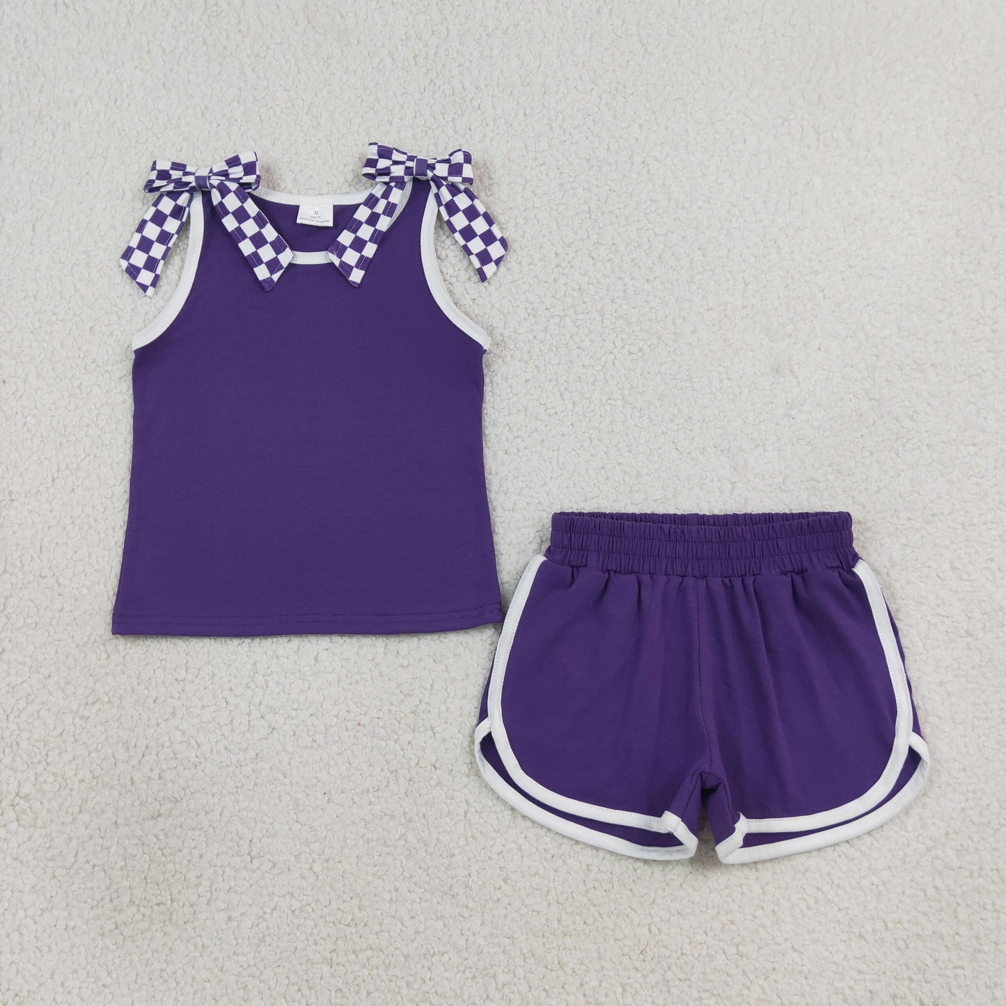 GSSO3814 RTS NO MOQ （In stock）cotton Baby Girls Purple Checked Bows Sleeveless Top Short Clothes Sets