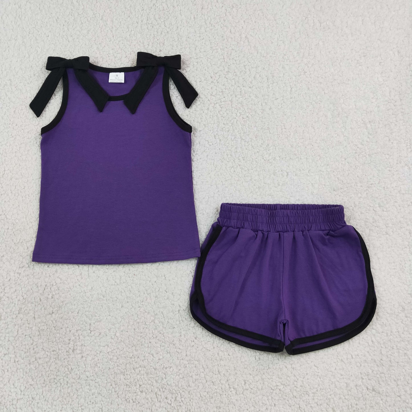 RTS NO MOQ （In stock）cotton GSSO3815 Baby Girls Purple Black Bows Sleeveless Top Short Sets