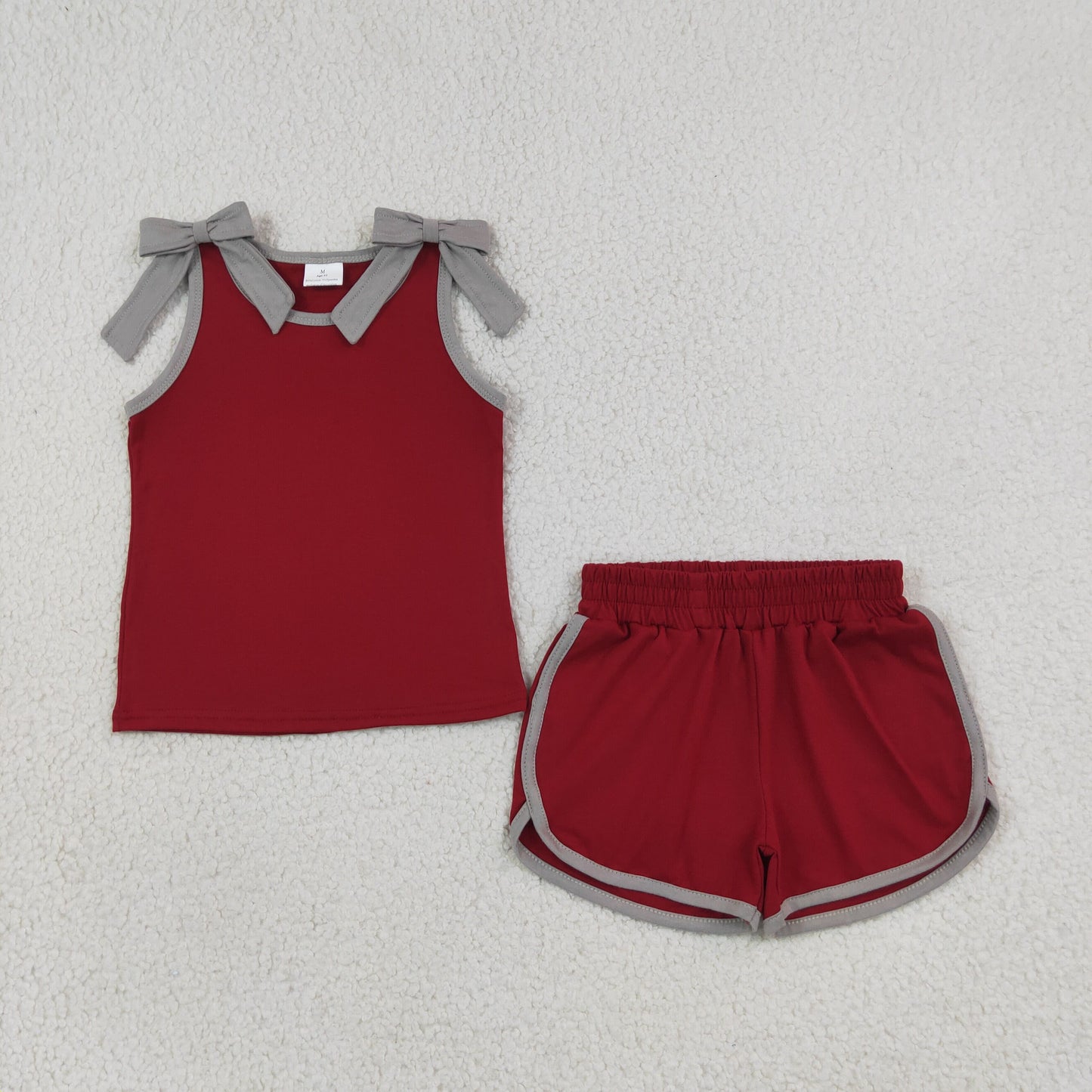GSSO3820 RTS NO MOQ （In stock）Sleeveless grey bow maroon top shorts team girls outfits