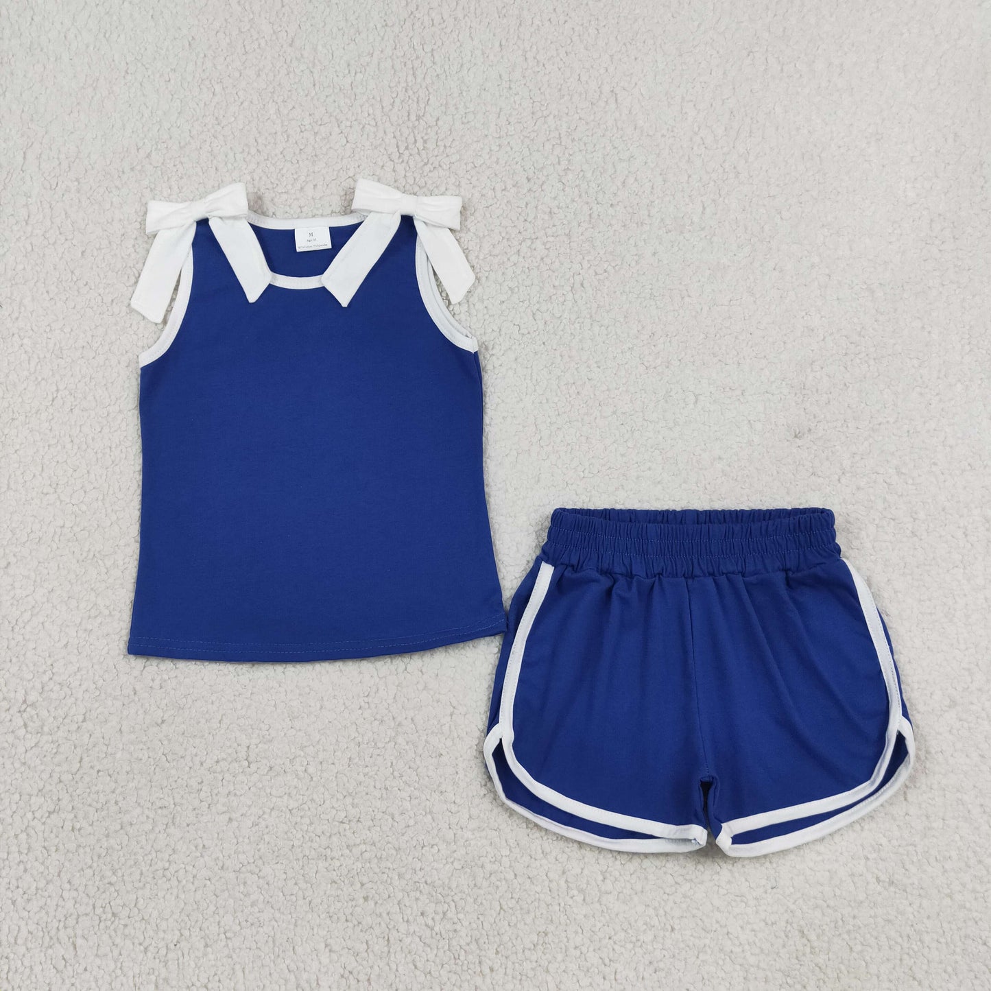 GSSO3824 RTS NO MOQ （In stock）Sleeveless white bow blue top shorts team girls outfits