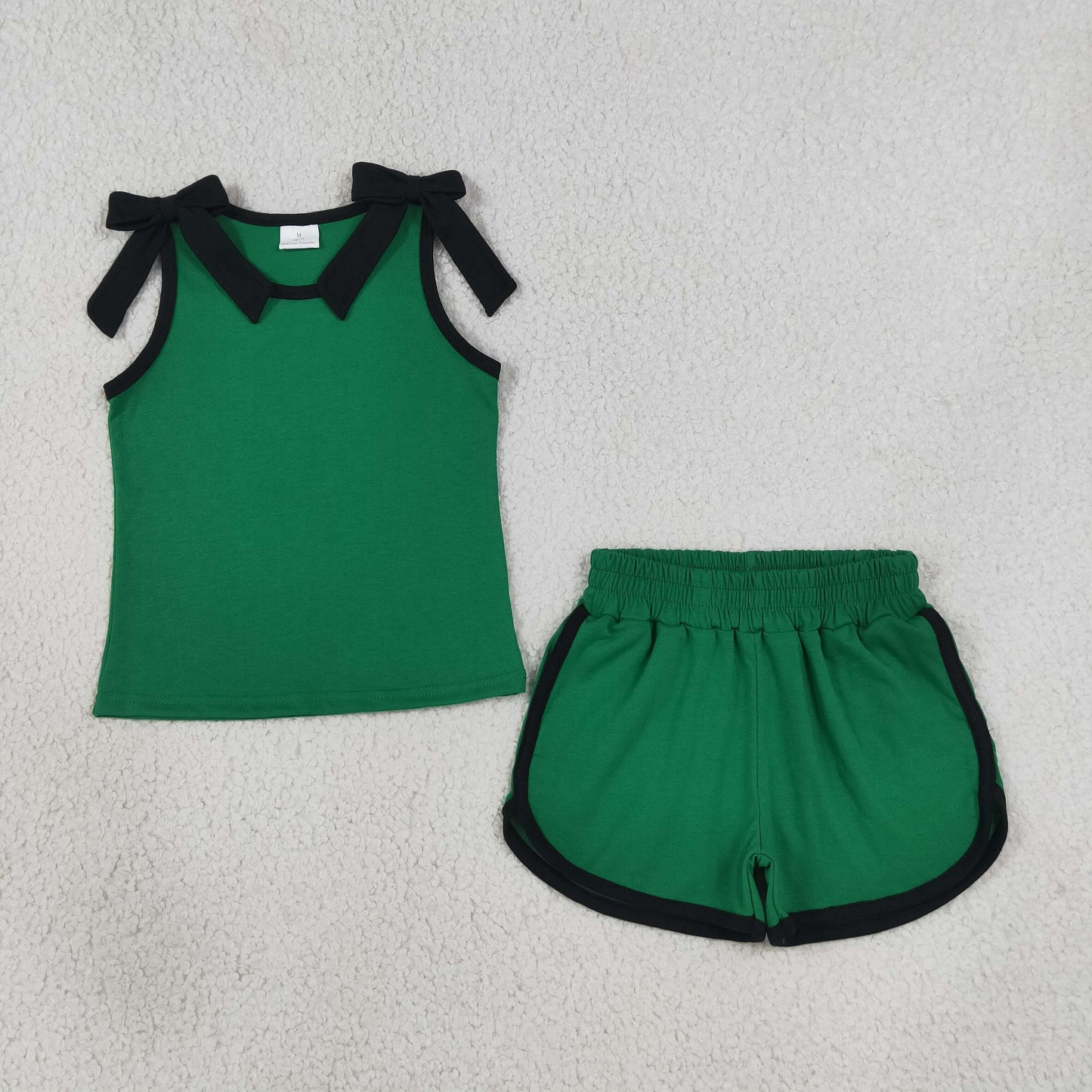 GSSO3825 RTS NO MOQ （In stock）cotton Baby Girls Black Green Bow Print Sleeveless Top Shorts Summer Clothes Se